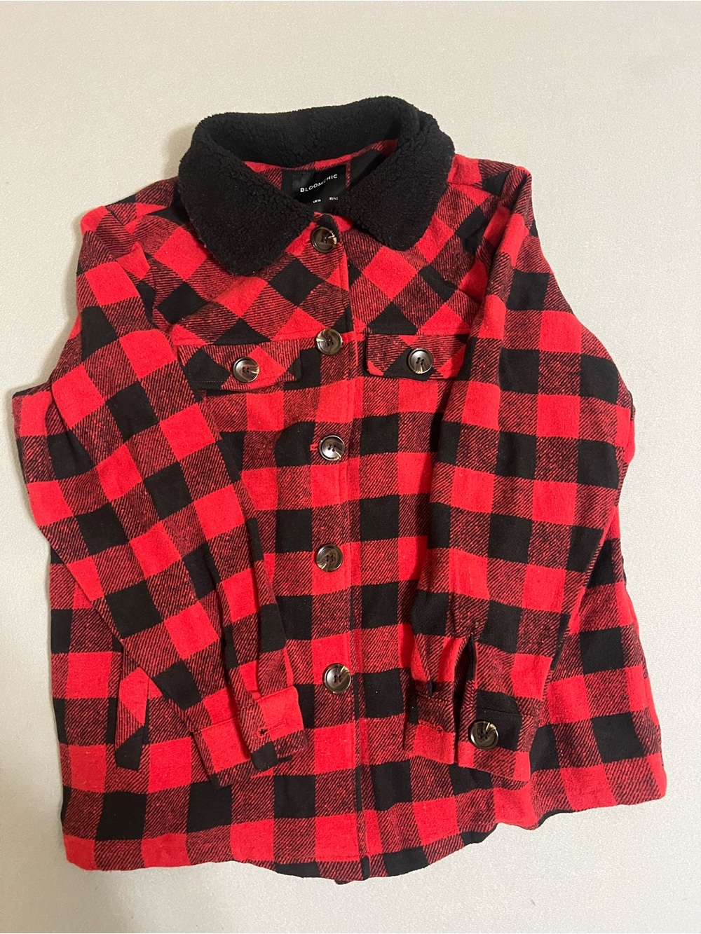 BloomChic Red & Black Buffalo Plaid Jean-Style Jacket with Black Sherpa Collar